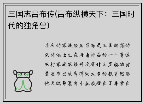 三国志吕布传(吕布纵横天下：三国时代的独角兽)
